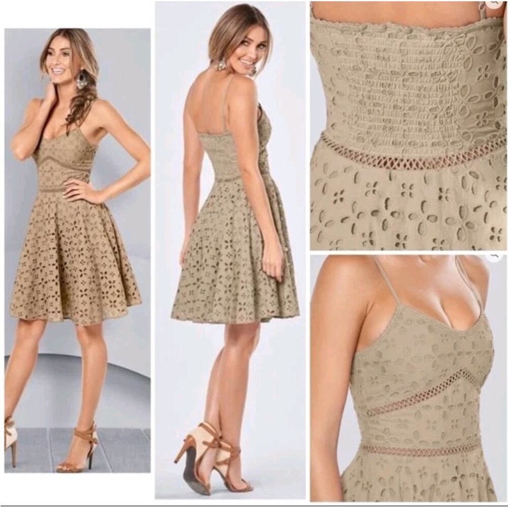 Venus Women's Eyelet Sundress Sz‎ 14 Spaghetti Straps Smocked Back Fit And Flare